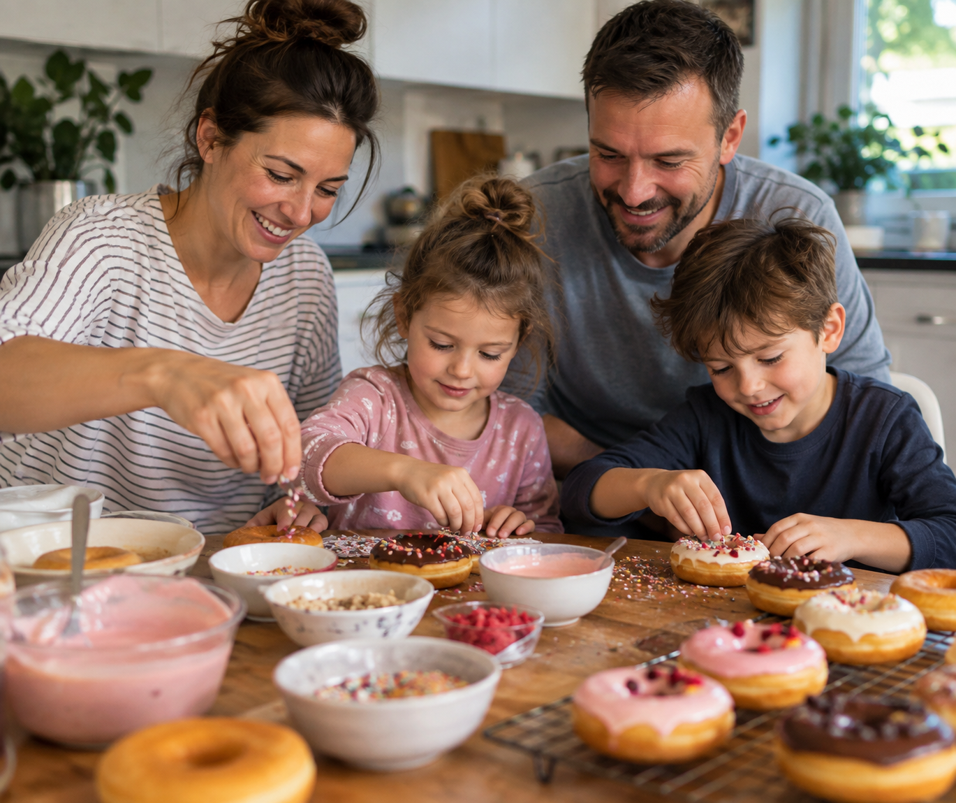 Rodzina wspólnie przygotowująca i dekorująca donuty